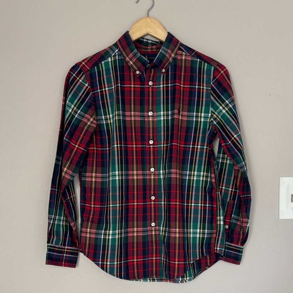Ralph Lauren Boys Plaid Button Down Shirt Red & Green Size Large 14-16 Blue Pony